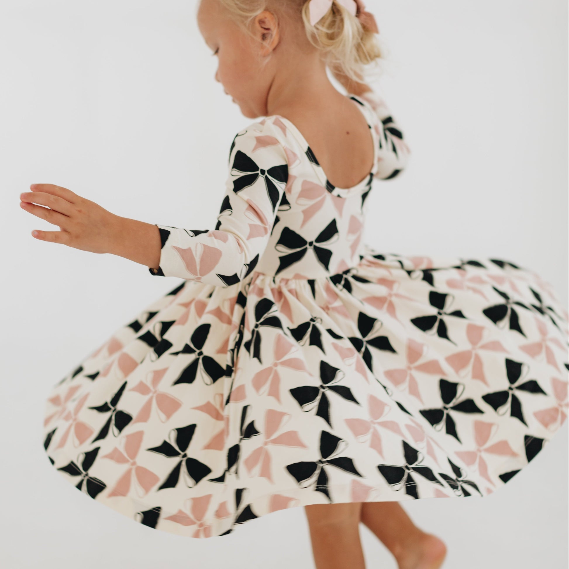 Girls Organic Cotton 3/4 Sleeve Twirl Dress - Vintage Pink Bows | Good Apples Kids