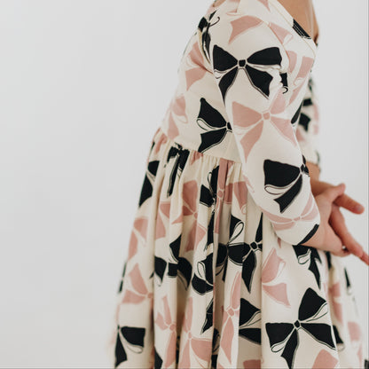 Girls Organic Cotton 3/4 Sleeve Twirl Dress - Vintage Pink Bows | Good Apples Kids