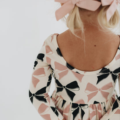 Girls Organic Cotton 3/4 Sleeve Twirl Dress - Vintage Pink Bows | Good Apples Kids