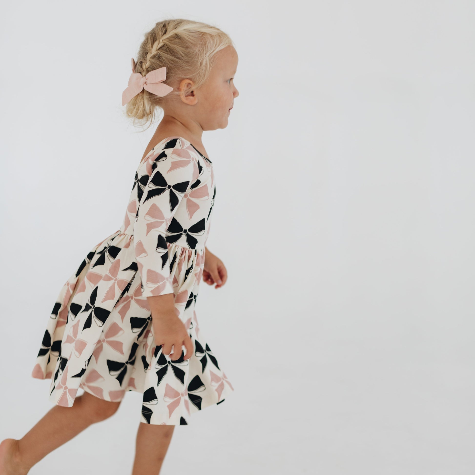 Girls Organic Cotton 3/4 Sleeve Twirl Dress - Vintage Pink Bows | Good Apples Kids