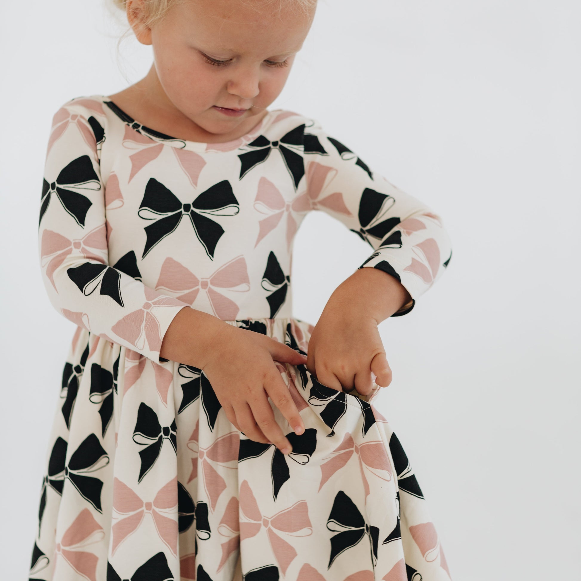 Girls Organic Cotton 3/4 Sleeve Twirl Dress - Vintage Pink Bows | Good Apples Kids