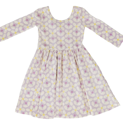 Girls Organic Cotton 3/4 Sleeve Twirl Dress - Pale Purple Petals | Good Apples Kids