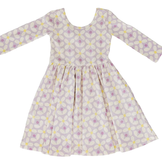 Girls Organic Cotton 3/4 Sleeve Twirl Dress - Pale Purple Petals | Good Apples Kids