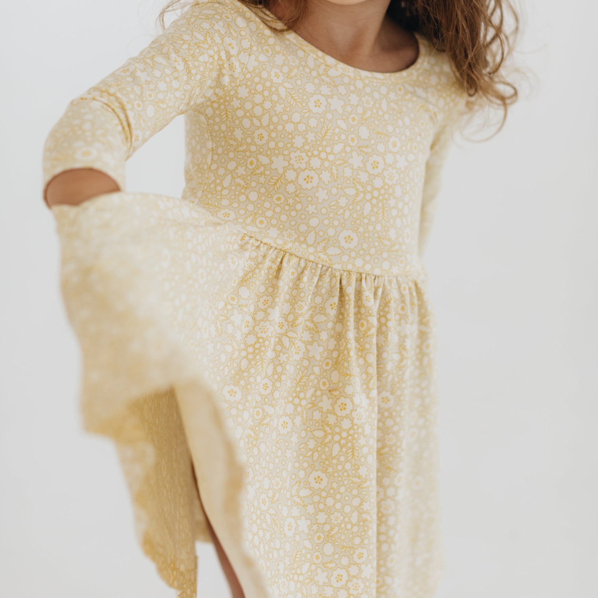 Girls Organic Cotton 3/4 Sleeve Twirl Dress - Buttercup Yellow | Good Apples Kids