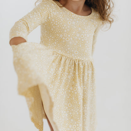 Girls Organic Cotton 3/4 Sleeve Twirl Dress - Buttercup Yellow | Good Apples Kids