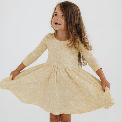 Girls Organic Cotton 3/4 Sleeve Twirl Dress - Buttercup Yellow | Good Apples Kids