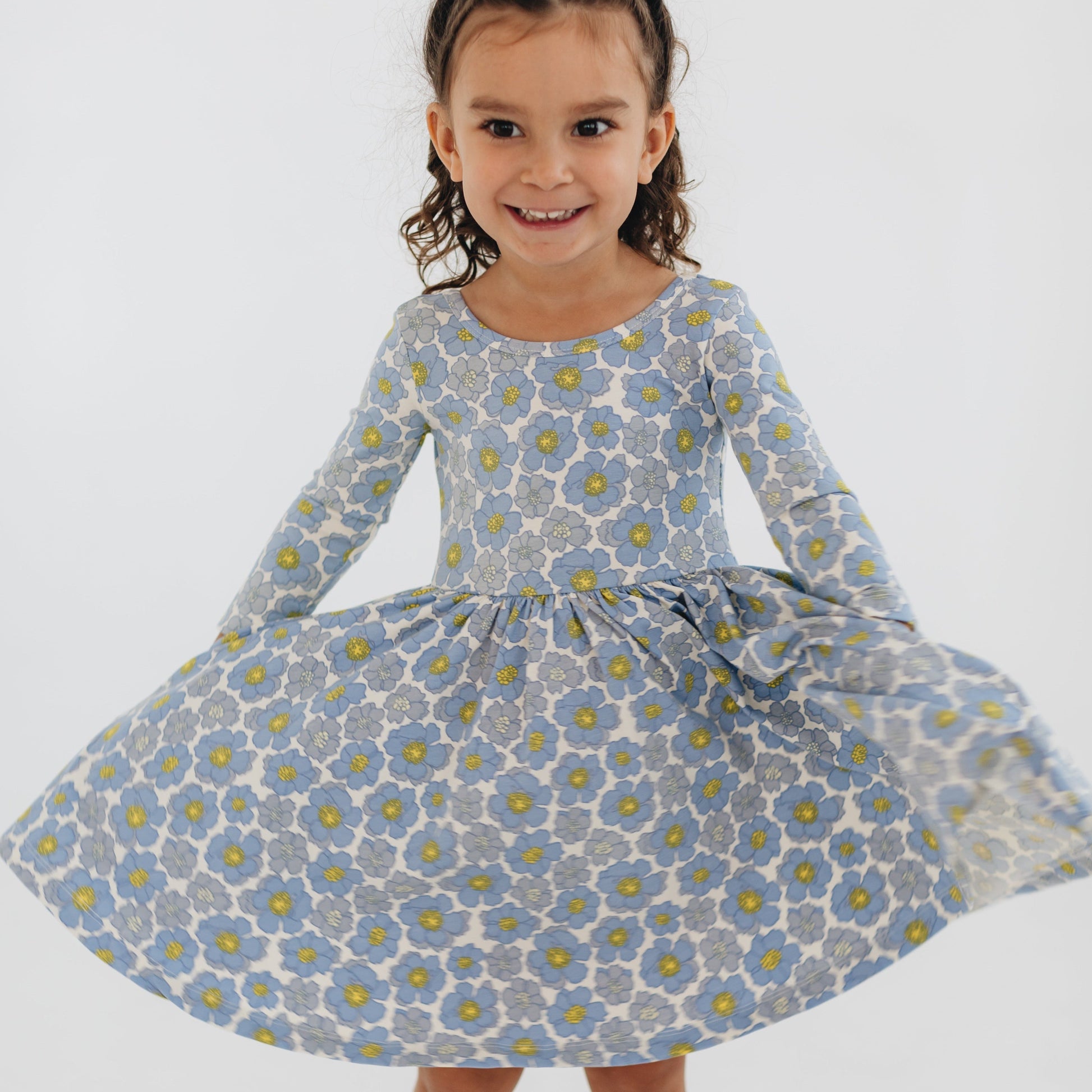 Girls Organic Cotton 3/4 Sleeve Twirl Dress - Periwinkle Meadow | Good Apples Kids