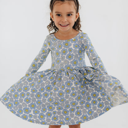 Girls Organic Cotton 3/4 Sleeve Twirl Dress - Periwinkle Meadow | Good Apples Kids