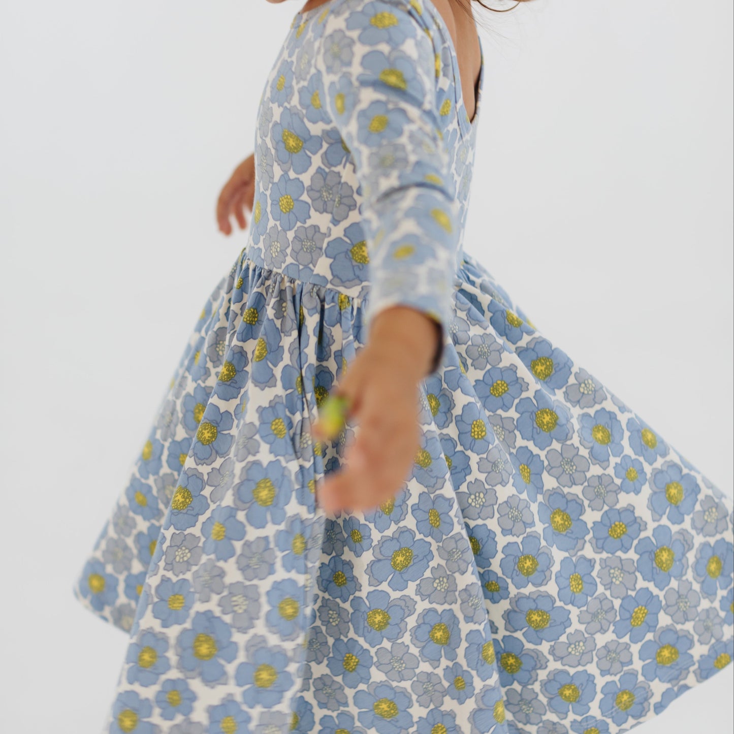 Girls Organic Cotton 3/4 Sleeve Twirl Dress - Periwinkle Meadow | Good Apples Kids