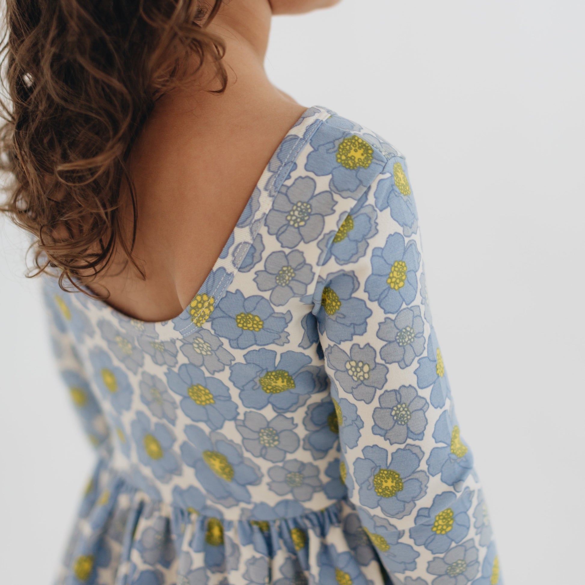 Girls Organic Cotton 3/4 Sleeve Twirl Dress - Periwinkle Meadow | Good Apples Kids