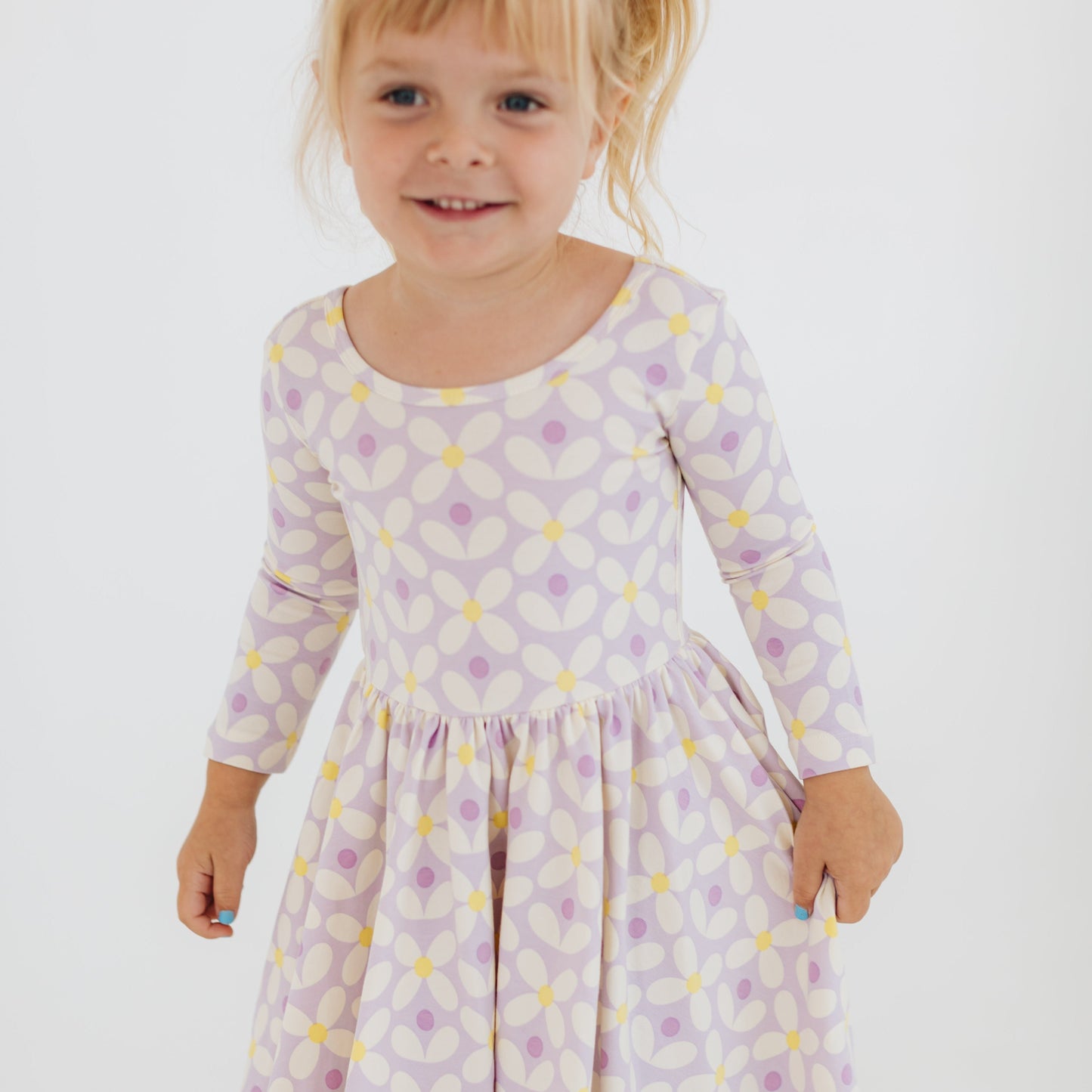 Girls Organic Cotton 3/4 Sleeve Twirl Dress - Pale Purple Petals | Good Apples Kids