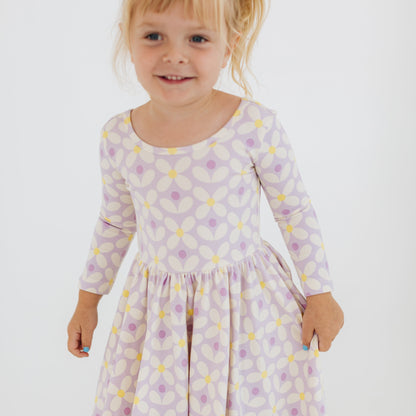 Girls Organic Cotton 3/4 Sleeve Twirl Dress - Pale Purple Petals | Good Apples Kids