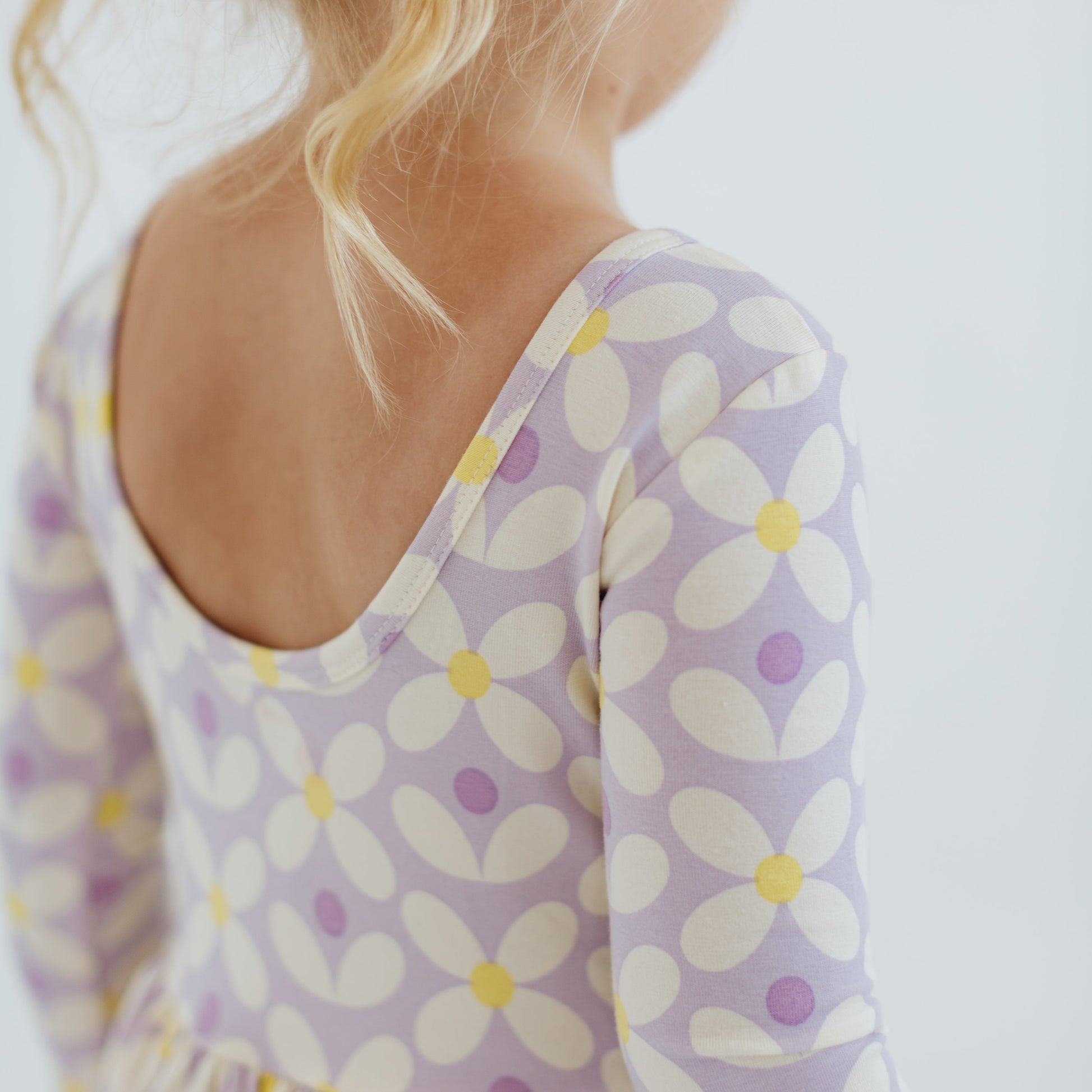 Girls Organic Cotton 3/4 Sleeve Twirl Dress - Pale Purple Petals | Good Apples Kids