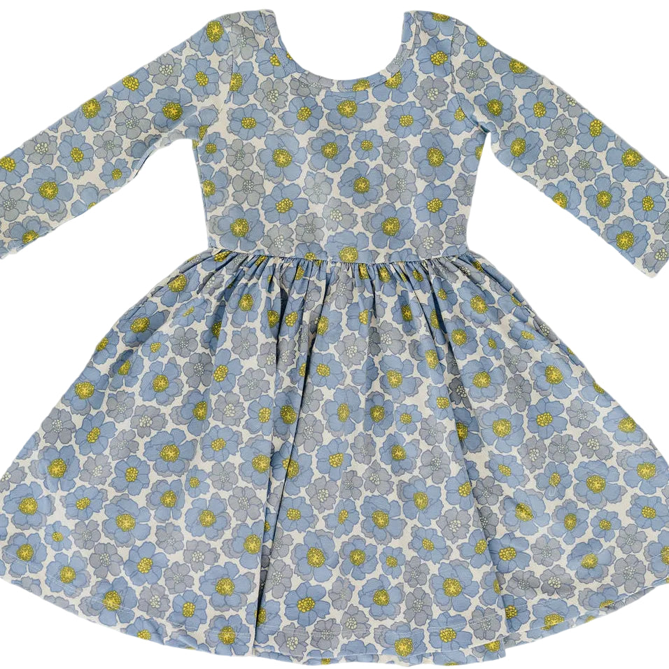 Girls Organic Cotton 3/4 Sleeve Twirl Dress - Periwinkle Meadow | Good Apples Kids