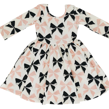 Girls Organic Cotton 3/4 Sleeve Twirl Dress - Vintage Pink Bows | Good Apples Kids