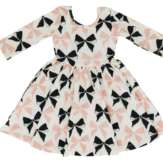 Girls Organic Cotton 3/4 Sleeve Twirl Dress - Vintage Pink Bows | Good Apples Kids