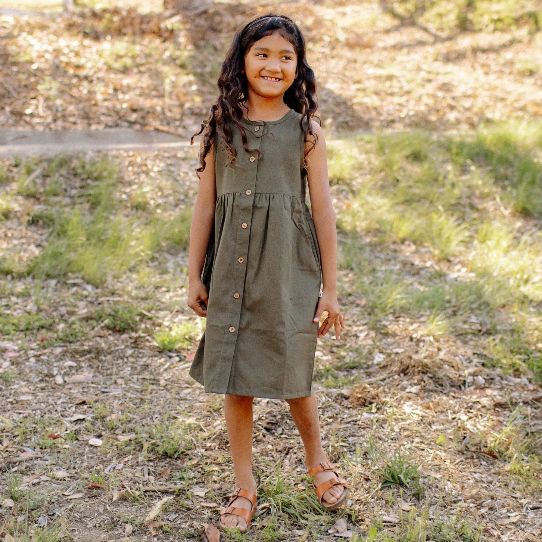 Organic Cotton Twill Kids Dress with Pockets - Dark Olive | Jackalo