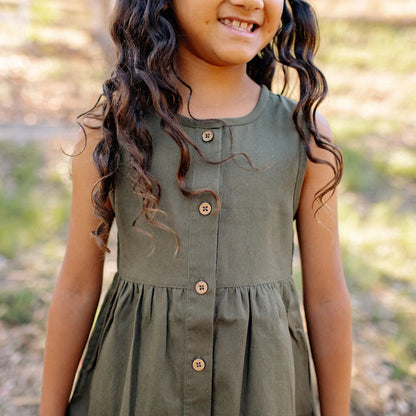 Organic Cotton Twill Kids Dress with Pockets - Dark Olive | Jackalo