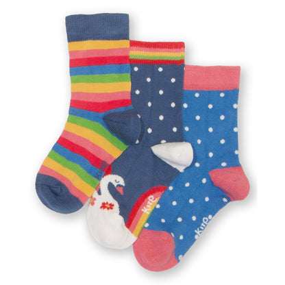 Kite Clothing Organic Girls' 3-Pack Socks- Rainbow Swan, Dot & Stripe