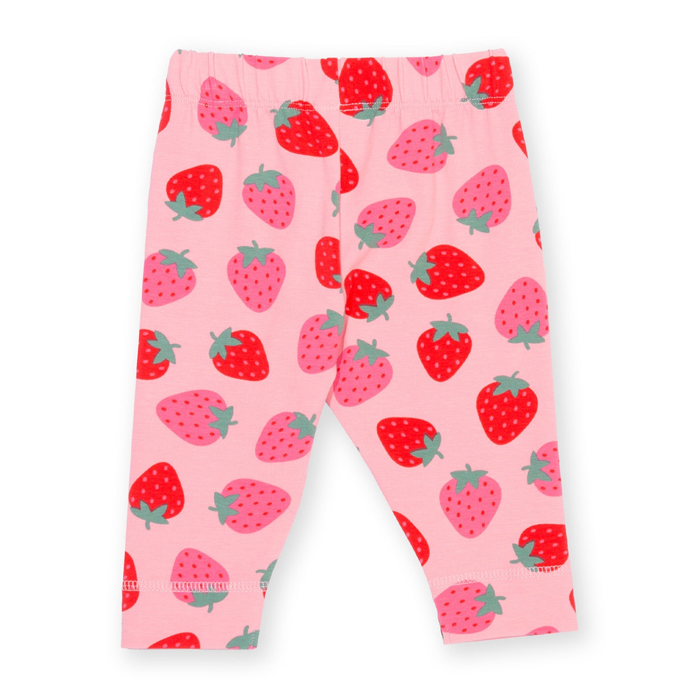 Pink leggings with strawberry pattern on a white background