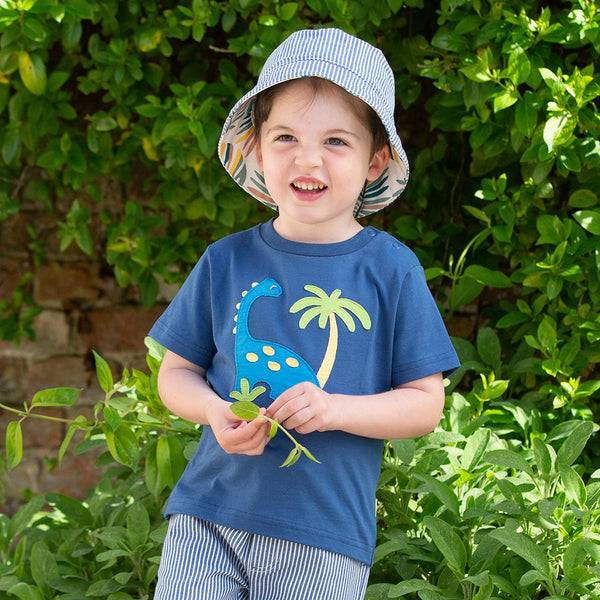 Boy wearing Kite organic Dinosaur appliqué t-shirt
