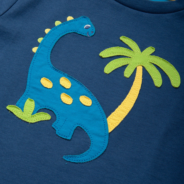 Kite organic Dinosaur appliqué t-shirt, closeup