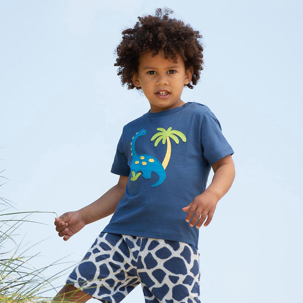 Boy wearing Kite organic Dinosaur appliqué t-shirt