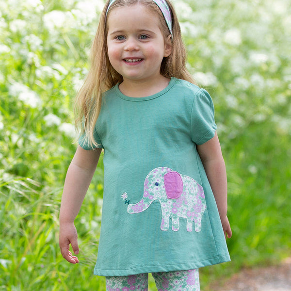 Girl wearing Kite organic Kind elephant tunic