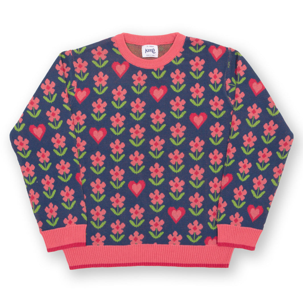 Kite Clothing Organic Girls' Sweater- Flower & Heart Jacquard