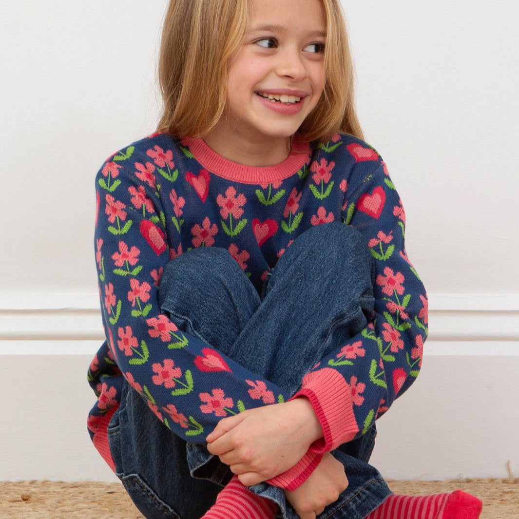 Kite Clothing Organic Girls' Sweater- Flower & Heart Jacquard