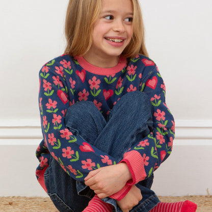 Kite Clothing Organic Girls' Sweater- Flower & Heart Jacquard