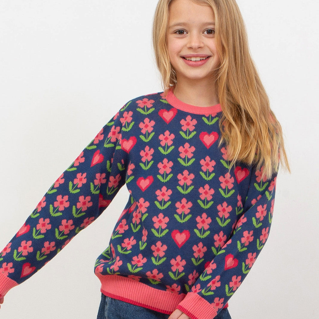 Kite Clothing Organic Girls' Sweater- Flower & Heart Jacquard