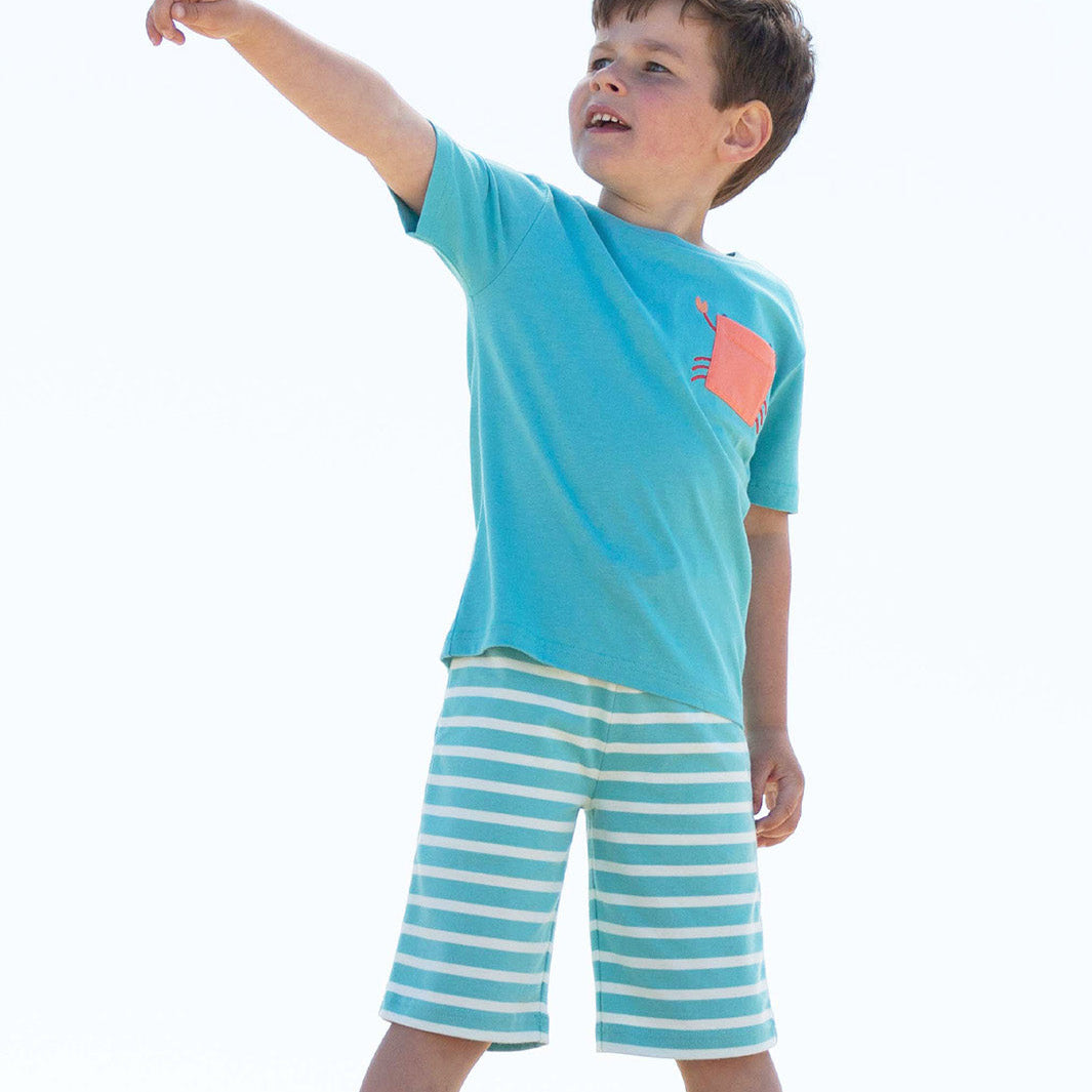 Child wearing a blue shirt and striped shorts on a beach