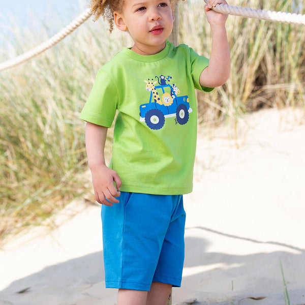 Boy wearing Kite organic Corfe shorts- blue
