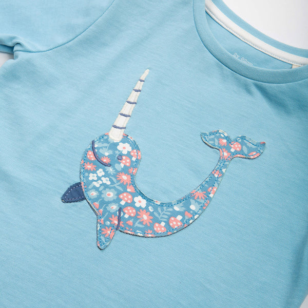 Kite organic T-shirt- narwhal appliqué, closeup