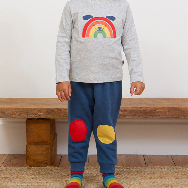 Boy wearing Kite organic Knee patch joggers- navy