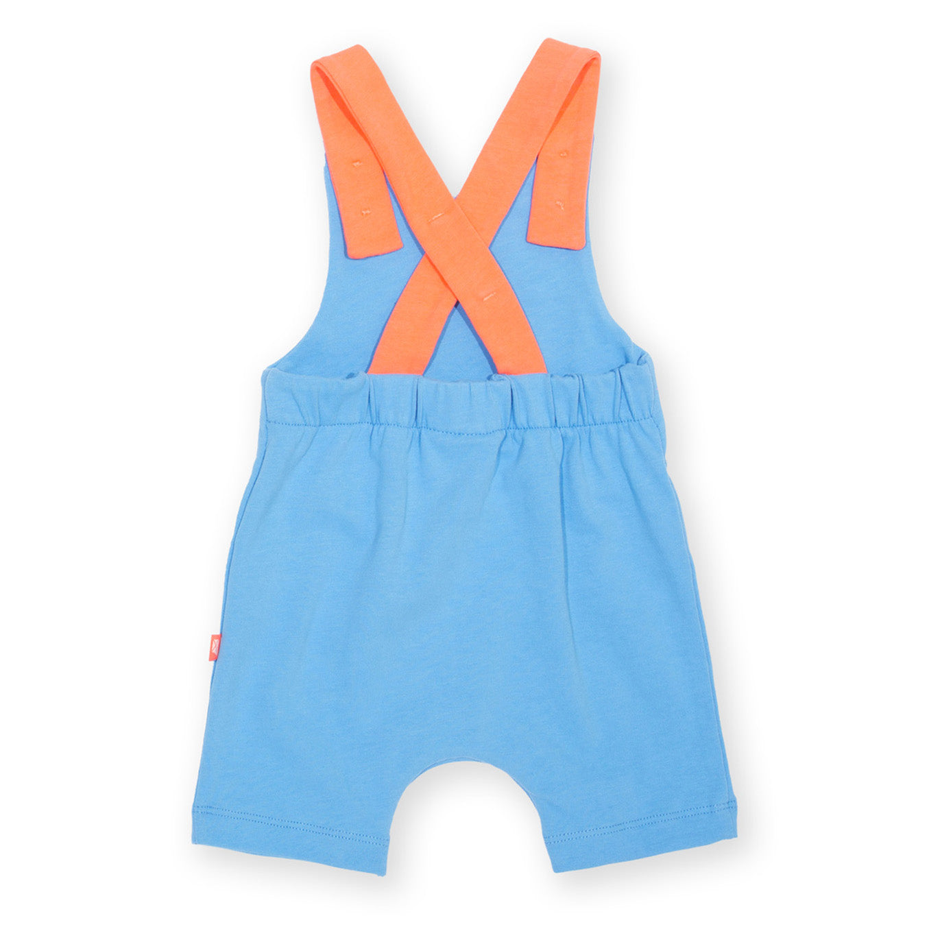 Blue romper with orange straps on a white background
