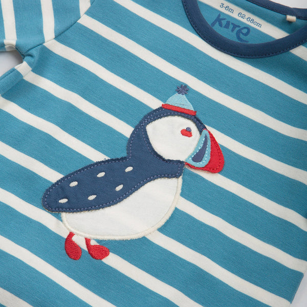 Kite organic Romper- puffin appliqué, closeup