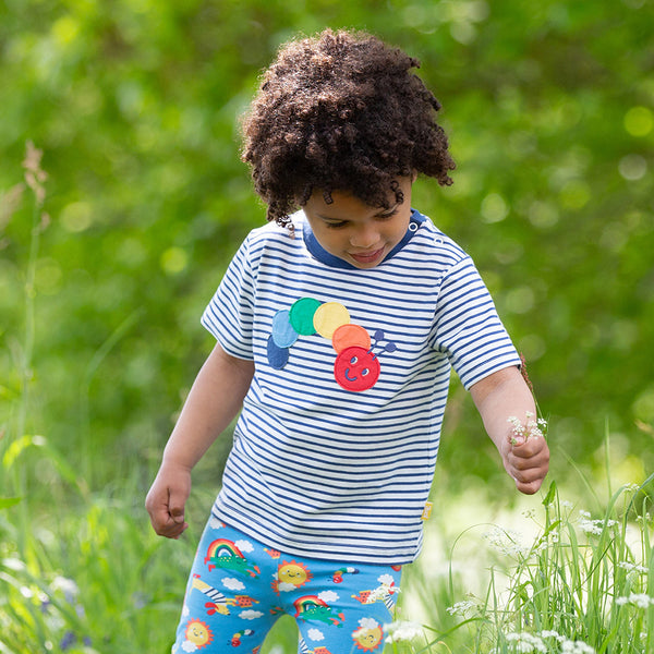 Boy wearing Kite organic Rainbow caterpillar t-shirt