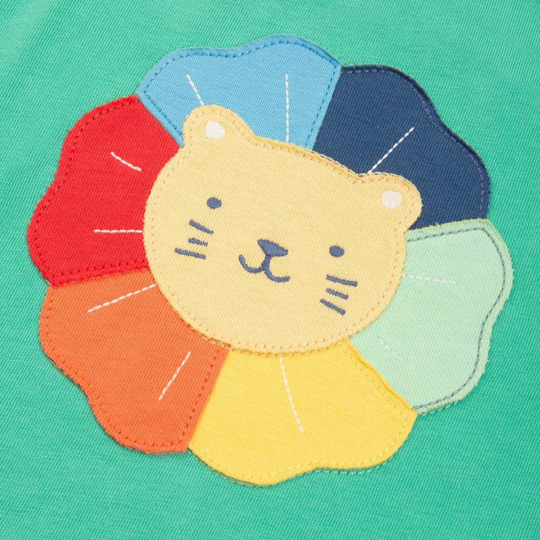 Kite organic T-shirt- rainbow lion appliqué, closeup
