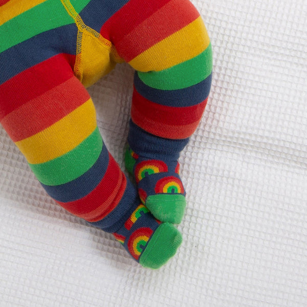 Baby wearing Kite organic Rainbow stripe socks