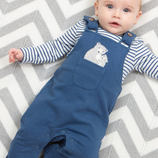 Baby wearing Kite organic Snuggle bear overalls