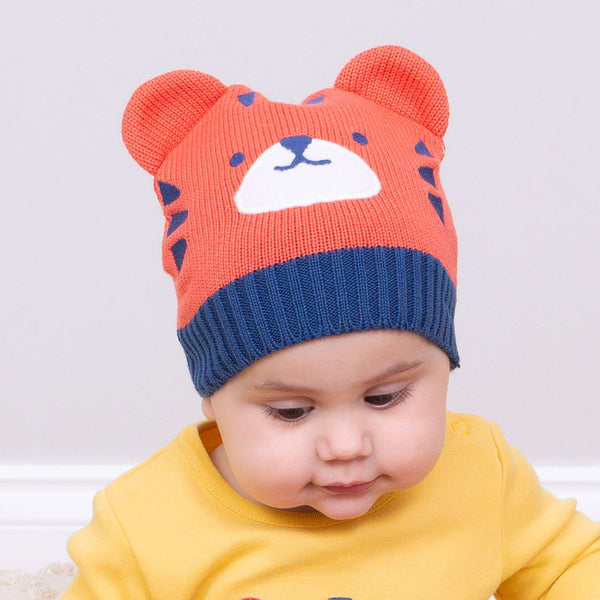 Baby wearing Kite organic Tiger knit hat