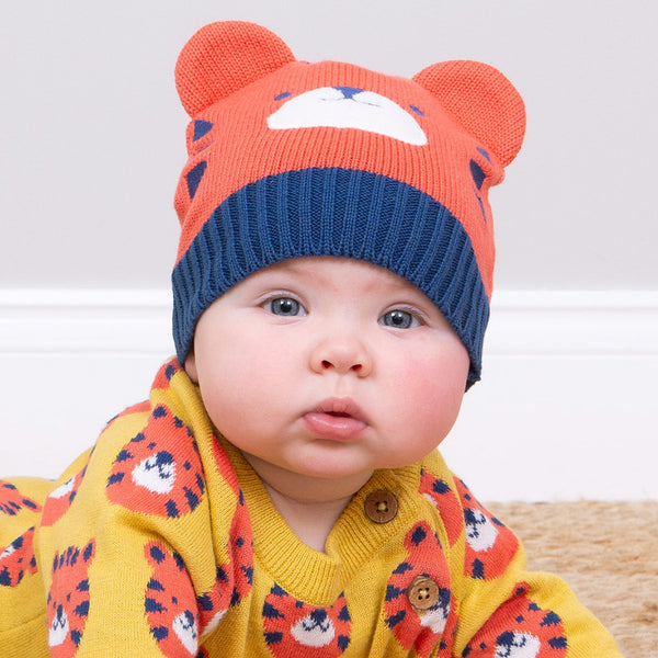 Baby wearing Kite organic Tiger knit hat