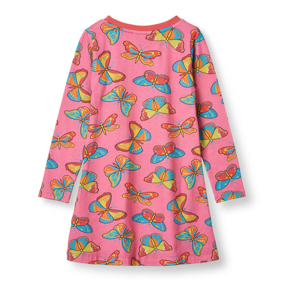 Småfolk Organic Long Sleeved Girls' Dress- Butterflies, Bubblegum Pink