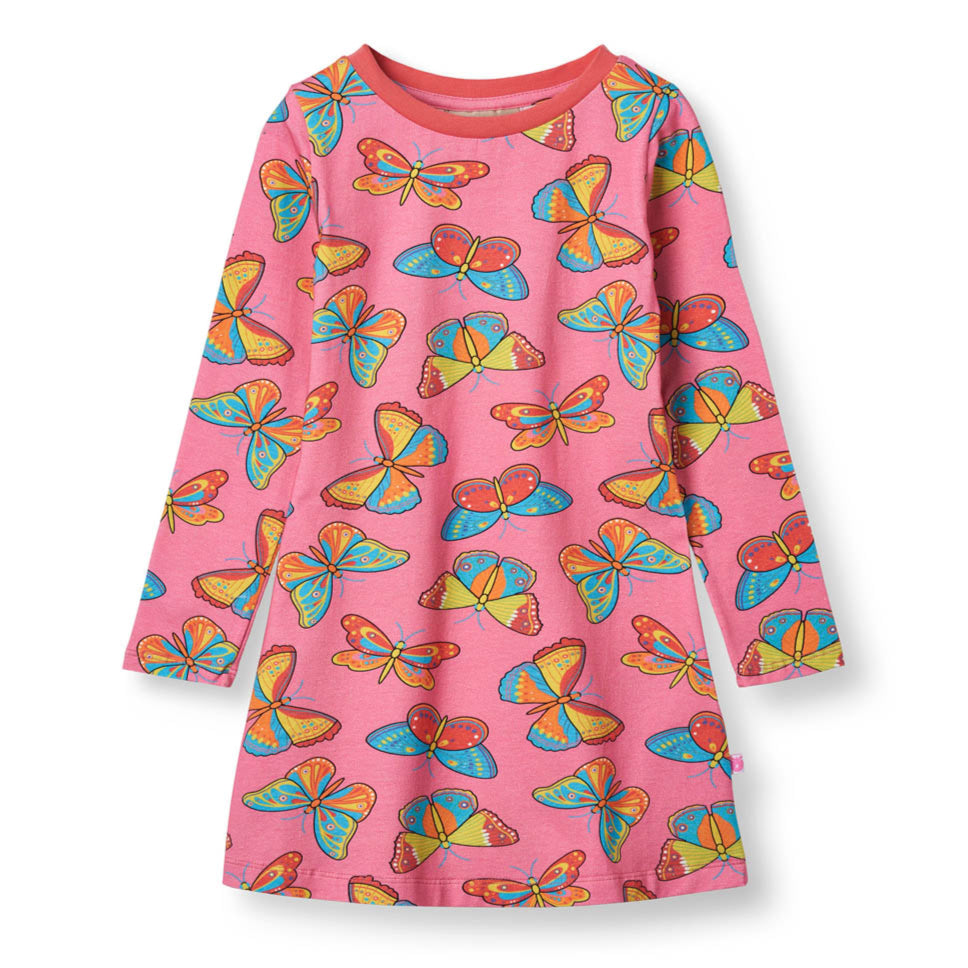 Småfolk Organic Long Sleeved Girls' Dress- Butterflies, Bubblegum Pink