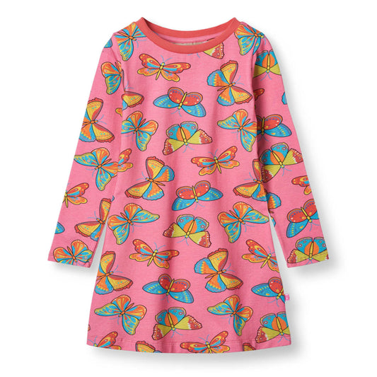 Småfolk Organic Long Sleeved Girls' Dress- Butterflies, Bubblegum Pink