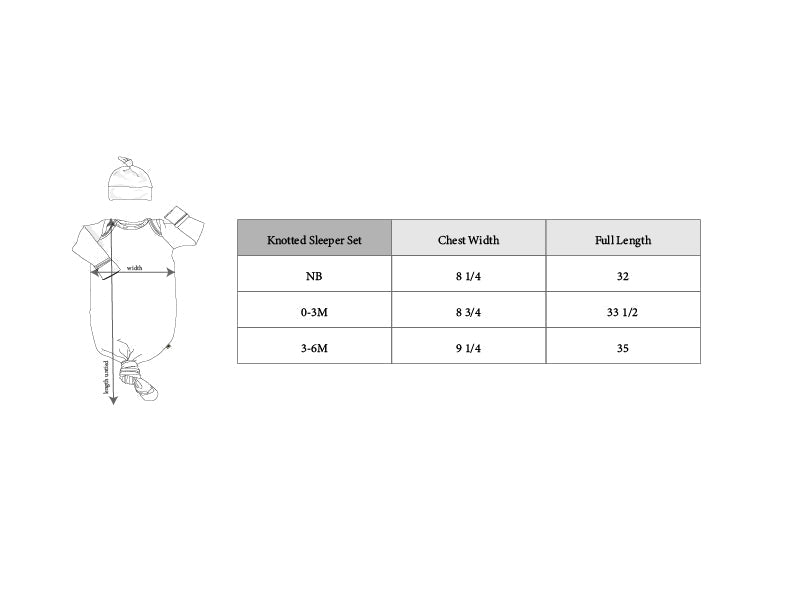 Measurement chart for knotted sleeper set with sizes NB, 0-3M, and 3-6M.