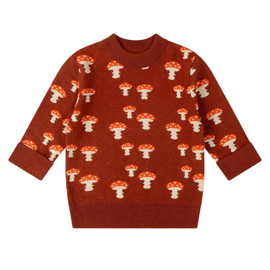 Little Green Radicals Organic Cotton Knitted Sweater - Rust, Mushrooms