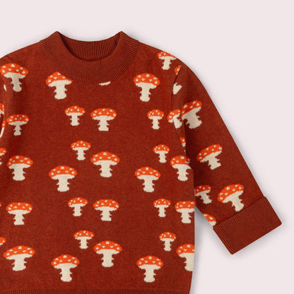 Little Green Radicals Organic Cotton Knitted Sweater - Rust, Mushrooms